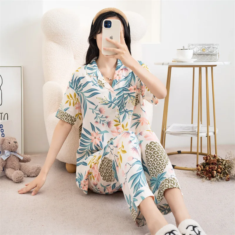 2023 New Pajamas Women Cotton Spring and Summer Plus Size Suit Thin Cartoon Printed Home Set Breathable and Leisure Sleepwear