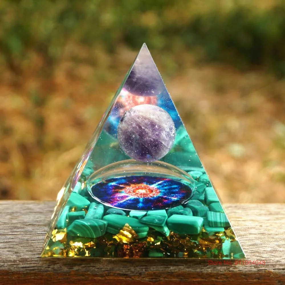 

HANDMADE 60MM Orgonite Pyramid Amethyst Sphere With Malachite Natural Crystal EMF Protection Orgone Energy Reiki Chakra