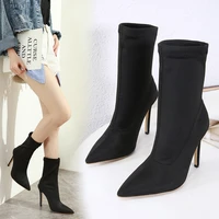 new arrival stretch fabric women ankle boots pointed toe high heels slip on sexy sock heels chelsea boots for womens