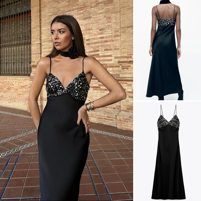 

BM&MD&ZA 2022 Autumn New Elegant Sequined Underwear Style V-neck Fine Strap Midi Dress 8741279