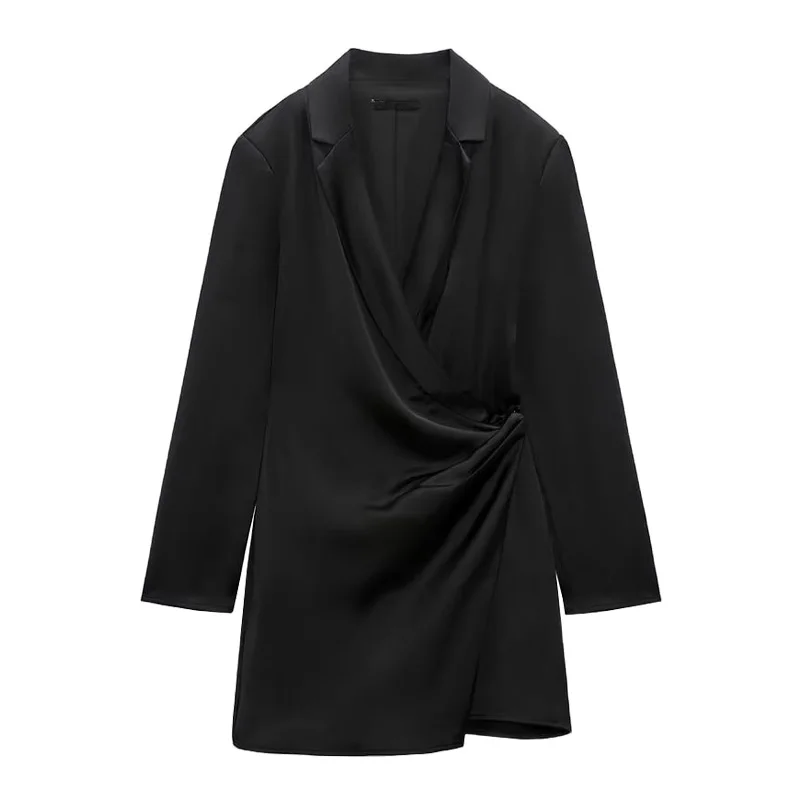 

Женское Плиссированное Шелковое платье ZA, черное маленькое платье с воротником и длинным рукавом, весна-лето