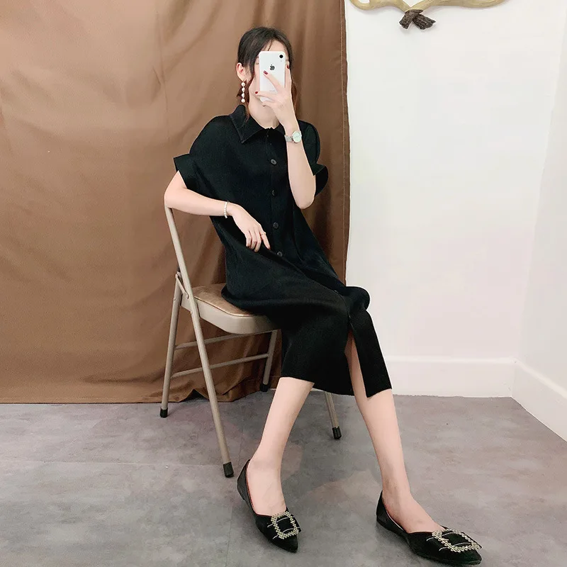 

Miyake Yishang Pleated Breasted Dress Summer New Lapel Short Sleeve Pleated Loose Large Size Pleated Skirt X179