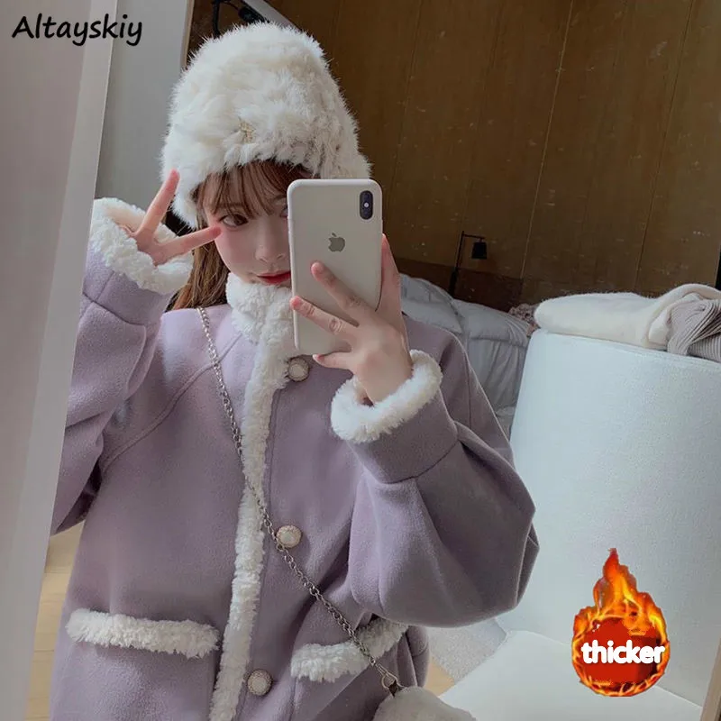 

Blends Women Ladies Invierno 2021 Pockets Ins Female Patchwork Warm Thicker Sweet Purple Design Coat Lovely Loose New Girlish