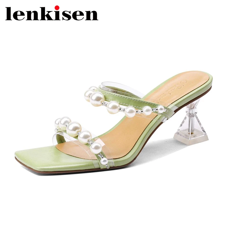 

Lenkisen Pvc Peep Toe Strange Style High Heel Mules Pearl Decoration French Elegant Beauty Lady Dating Mature Women Sandals L62