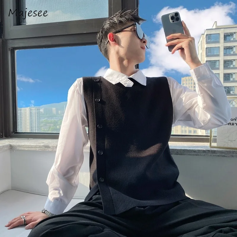 Свитер-жилет мужской простой универсальный с круглым вырезом однотонный без