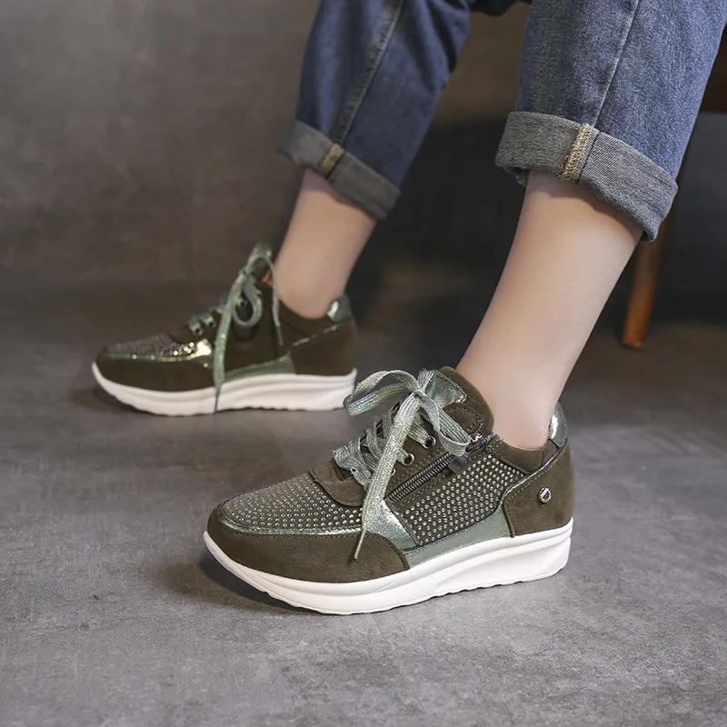 Rhinestone Sneakers Women Round Toe Thick Sole High Shoes Female Sports Shoes Fashion Versatile Casual Shoes Tenis