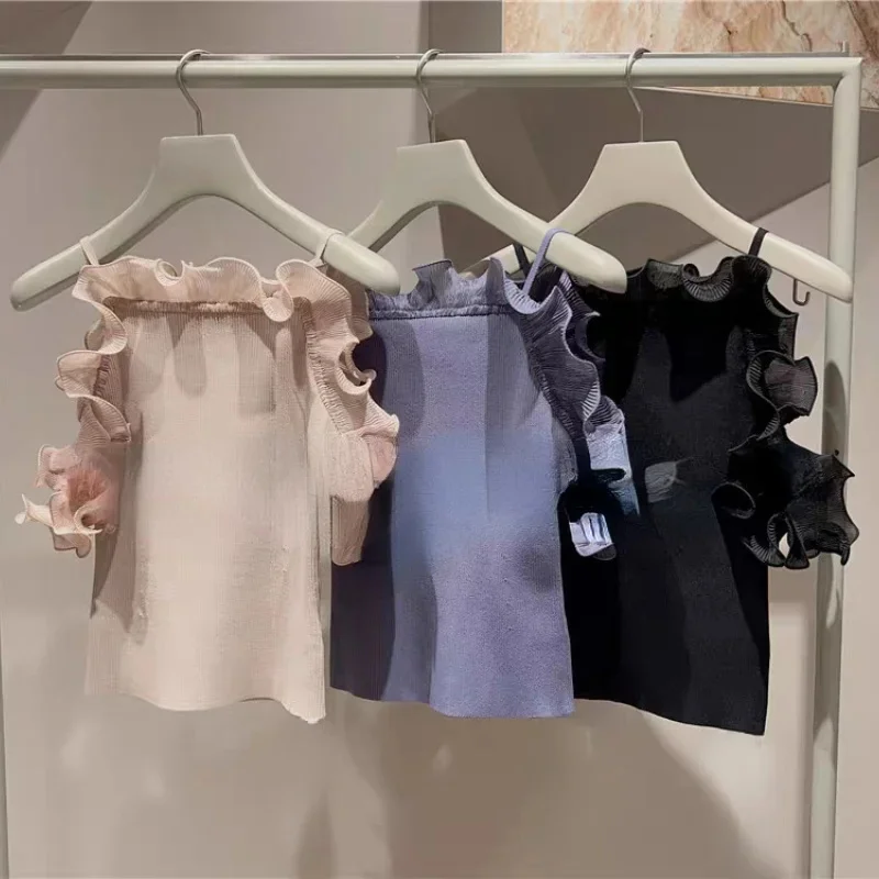 

Kuzuwata 2023 Summer Ruffled Splice Off Shoulder Pullover Japanese Strap Slim Fit Sweater Women Solid All-matched Short Jumper