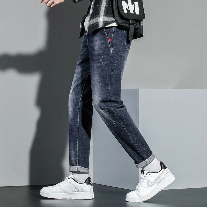 2022 pants men's jeans four seasons slim fit small straight elastic spring new style Fashion Dark blue Zipper loose