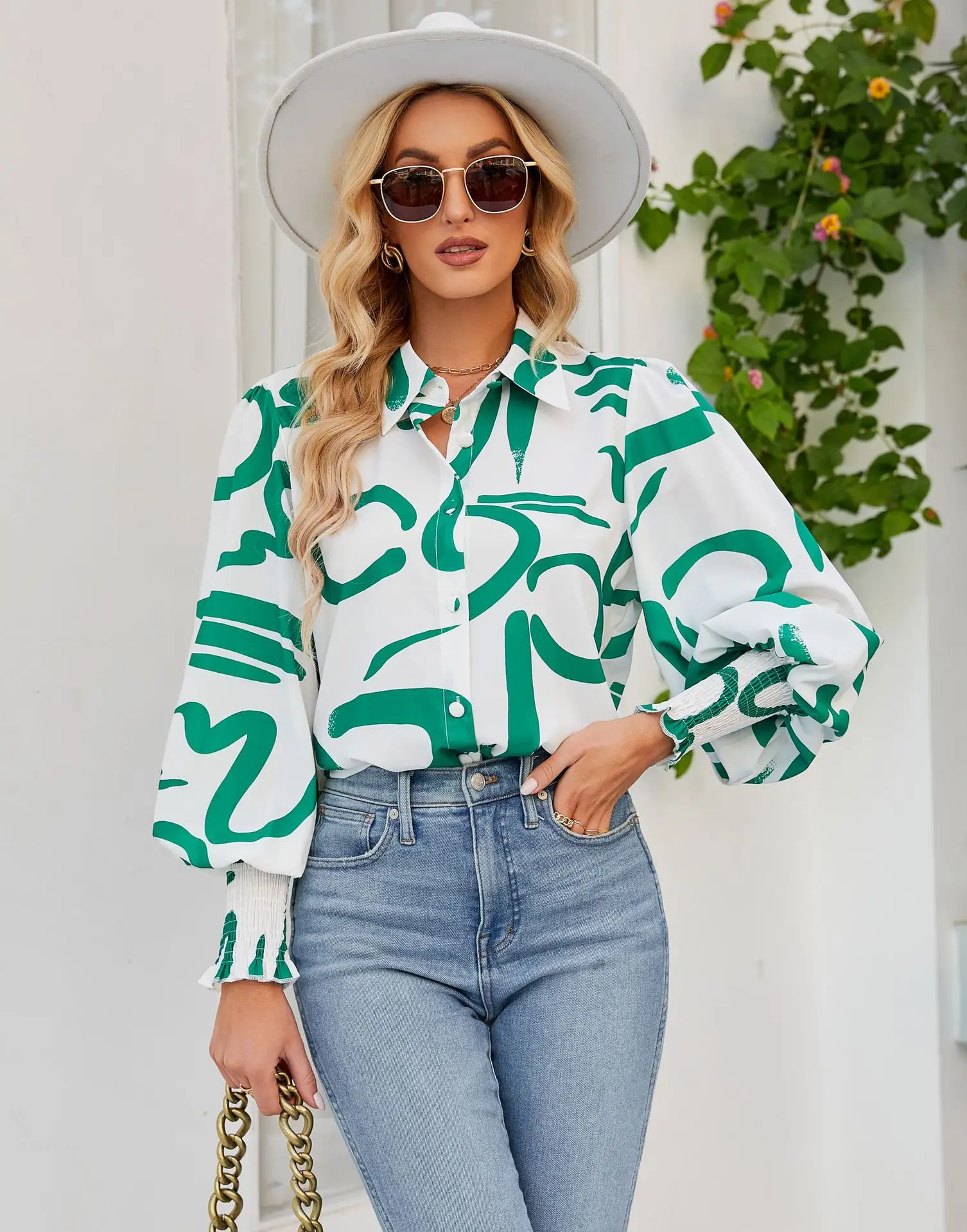 

Autumn Casual Shirts for Women OL Lantern Sleeve Print Color Sexy V-Neck Elegant Loose Winter Female Blouse Top Outfits C5250