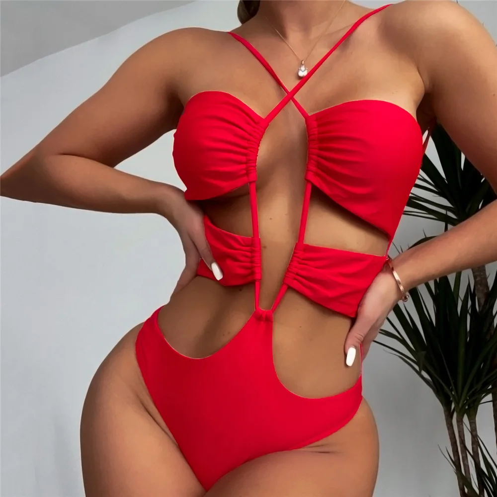 

Sexy Red Backless Swimwear Women Criss Cross One Piece Swimsuit 2022 High Cut Hollow Out Monokini Bathing Suit Bather Beach Wear