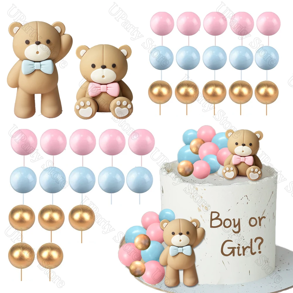 Топпер для торта с голубым и розовым медведем 32 шт.