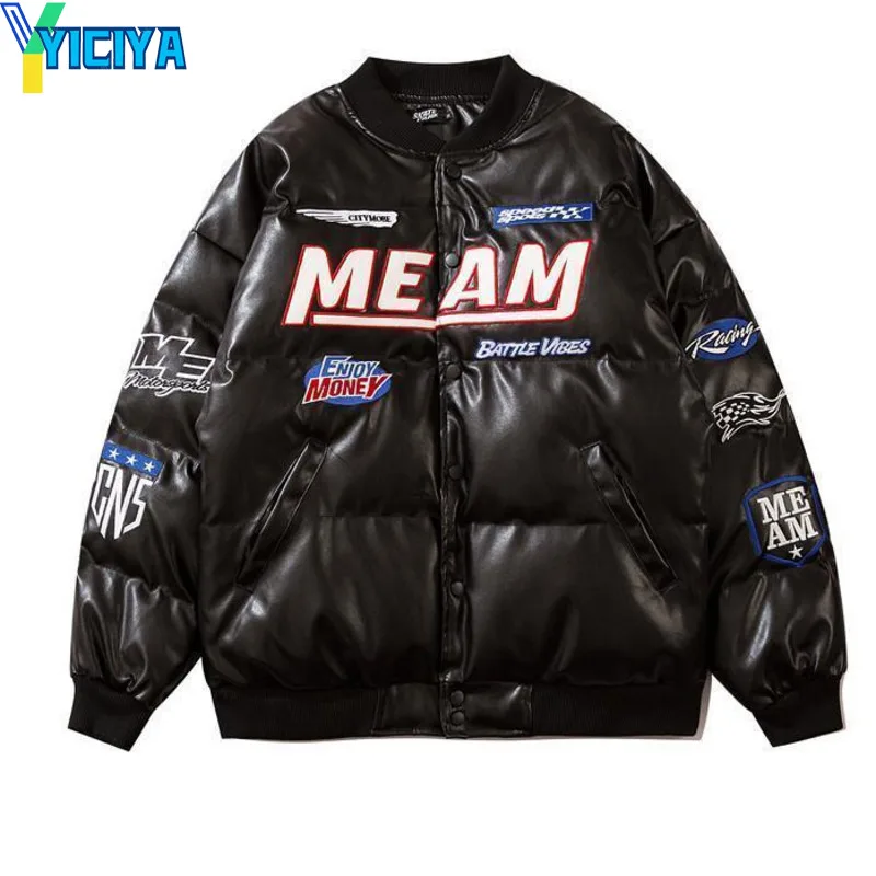 YICIYA Bomber Down Jacket Thicken Women Varsity Black Leather Jacket American Racing Motorcycle University Warm Long Sleeve Coat
