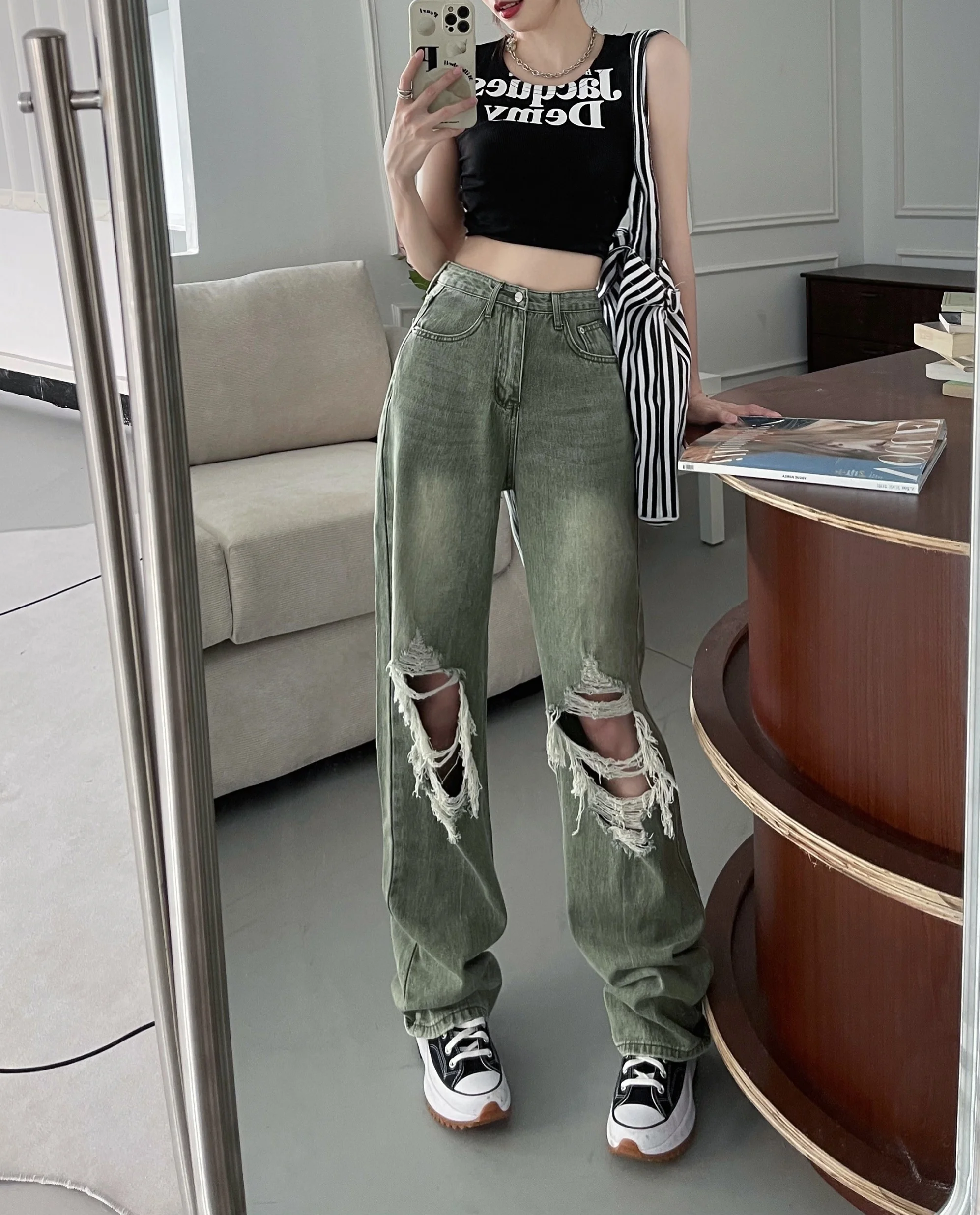 

2023 Hot sale Women's Bottoms Ripped Jeans Vintage Washed Wide Leg Pants High Waist Straight Street Casual Fashion Baggy Denim T