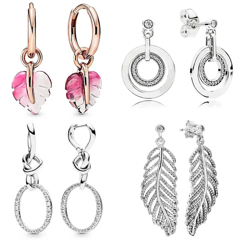 

New 925 Sterling Silver Earring Signature Circles Feathers Knotted Hearts Symbol Of Love Earring For Women Gift Fashion Jewelry