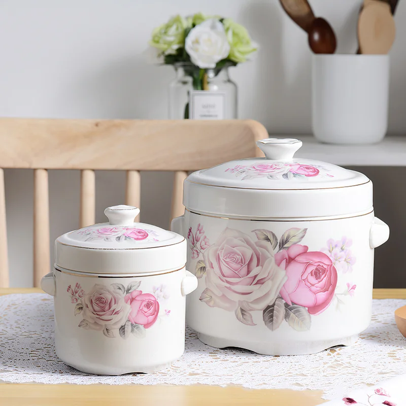 

Korean Style Ceramic Stew Pot Creative Safflower Soup Bowl Household Kitchen Stewed Bird's Nest Cup with Lid Steamed Egg Cup