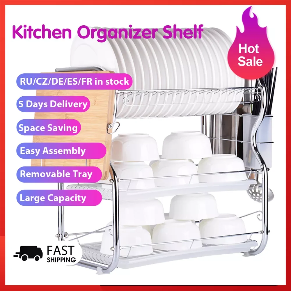 

2023 3 Tiers Dish Drying Rack Drainer Plate Holder Storage Shelf Kitchen Organizer Stand Sink Drain Cutting Board Holder Drainb