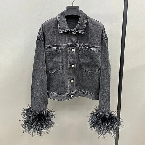 Женская джинсовая куртка, новый стиль 2023, брюки с перьями и манжетами, Женский комплект пальто, модные женские пальто S5469