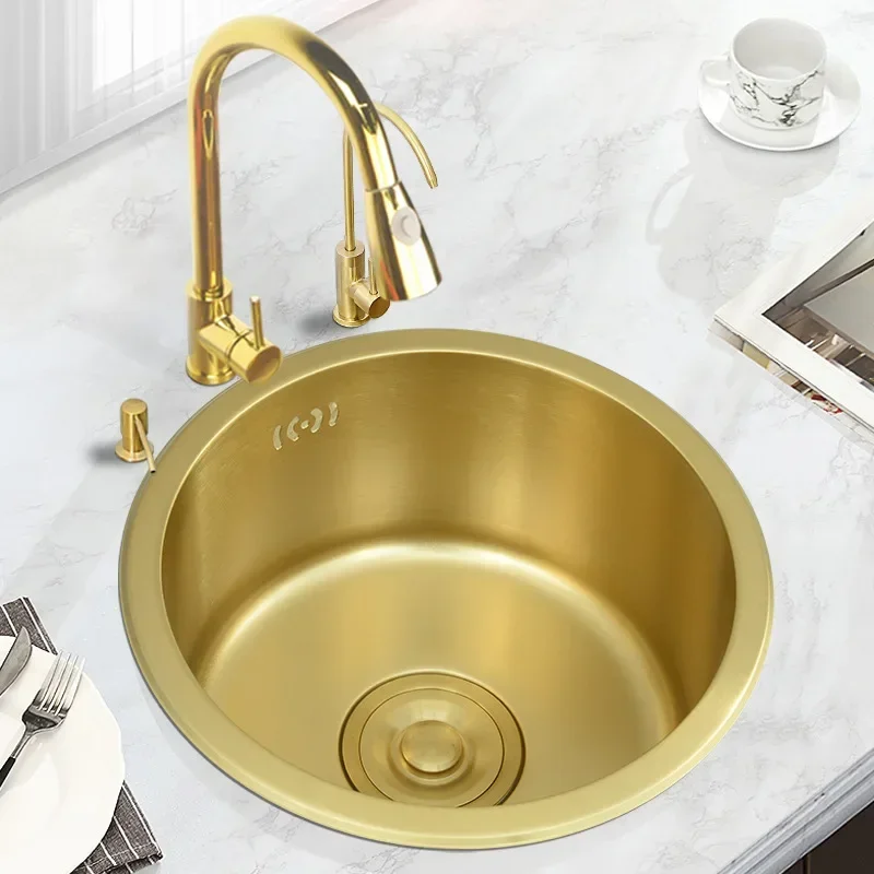 Fregadero Circular Pemb acero inoxidable para cocina minifregadero de 40x40cm 304 Nano Dorado кон una sola ranura