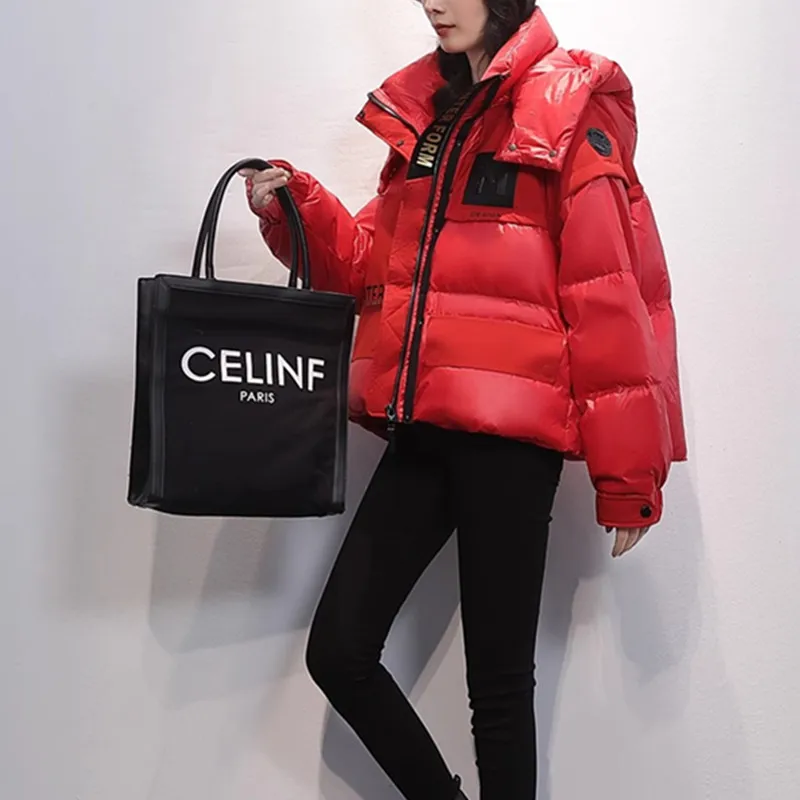 Красный короткий пуховик для женщин 2024 зимняя новая мода свободное толстое 90