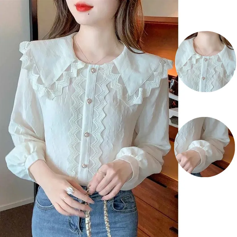 

Early Spring Summer Prter Pan Collar Solid Color Chiffon Shirt Long Sleeve Open Stitch Blouse Korean Sweet Style Shirt for Women