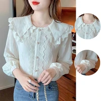 early spring summer prter pan collar solid color chiffon shirt long sleeve open stitch blouse korean sweet style shirt for women