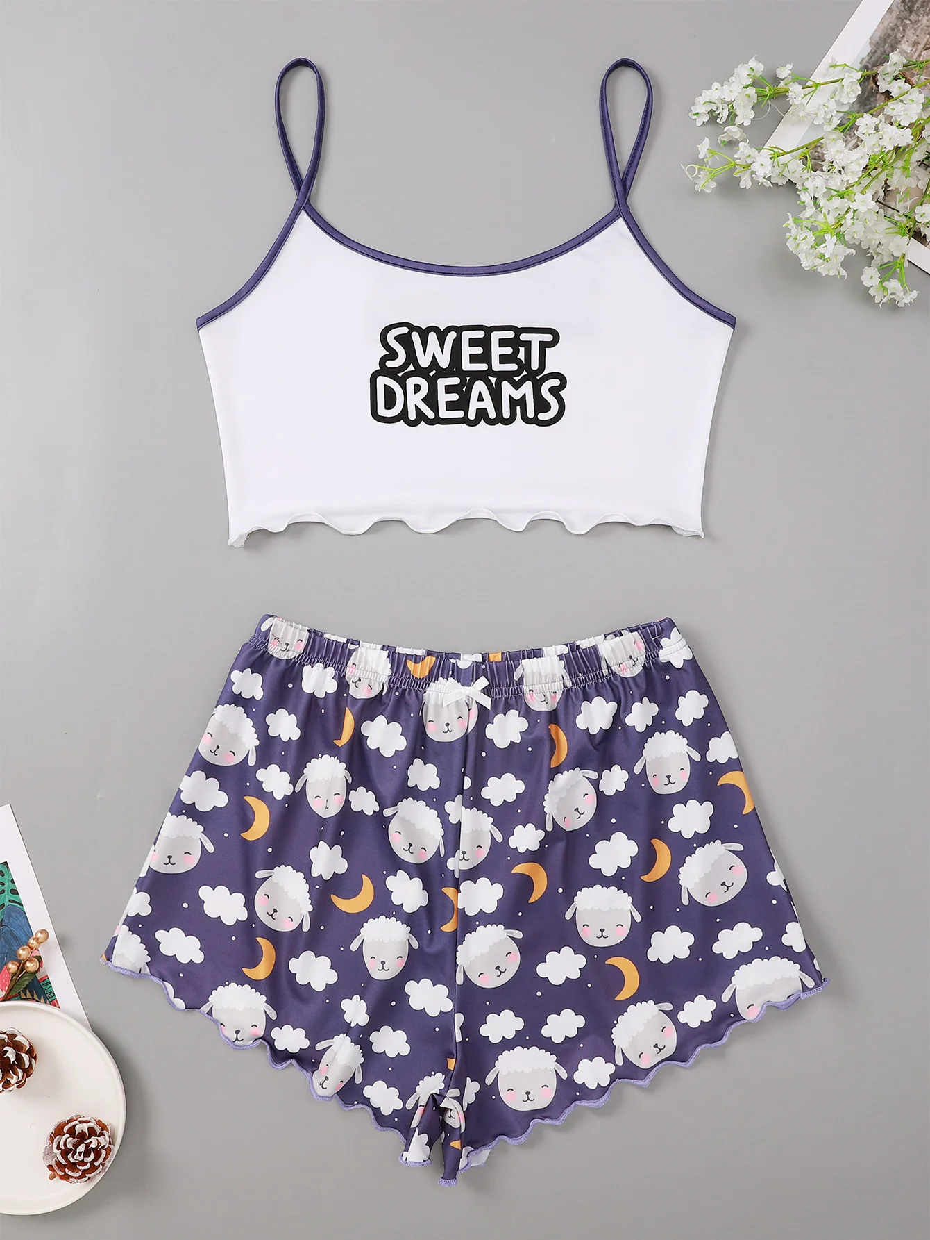 

New Style Lady’s Summer Cartoon Sweet Dreams Print Camisole With Sheep Print Shorts Pajama Set Home Wear Sleepwear Underwear