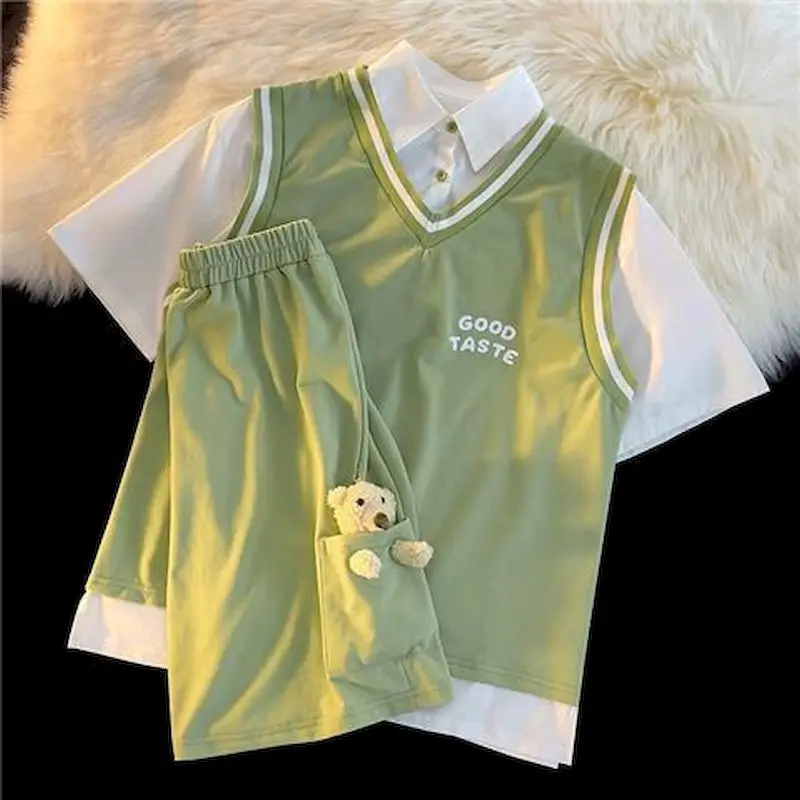Women's Suits Sports Suits Little Bear Shorts And Fake Two T-shirts Two Piece Sets POLO Korean Loose Short Sleeve T Shirt Summer