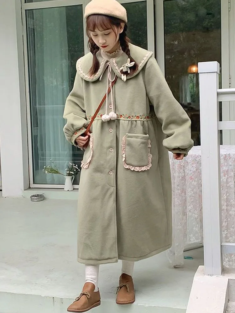 2022 Japanese Christmas Sweet Wool Coat Winter Thicken Warm Long Button Jacket Female Korean Fashion Girly Wool Overcoat Outwear