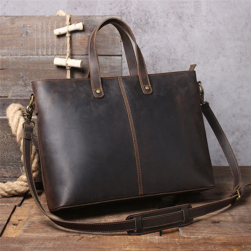 Simple vintage genuine leather men's large capacity briefcase crazy horse cowhide work handbag laptop shoulder messenger bags