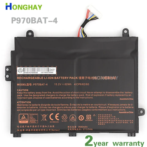 Аккумулятор honghay P970BAT-4 для ноутбука Clevo P960EN-K P970ex 4ICP2/62/80 4IPC6/62/80, 15,2 в, 3680 мАч, 62 Вт-ч