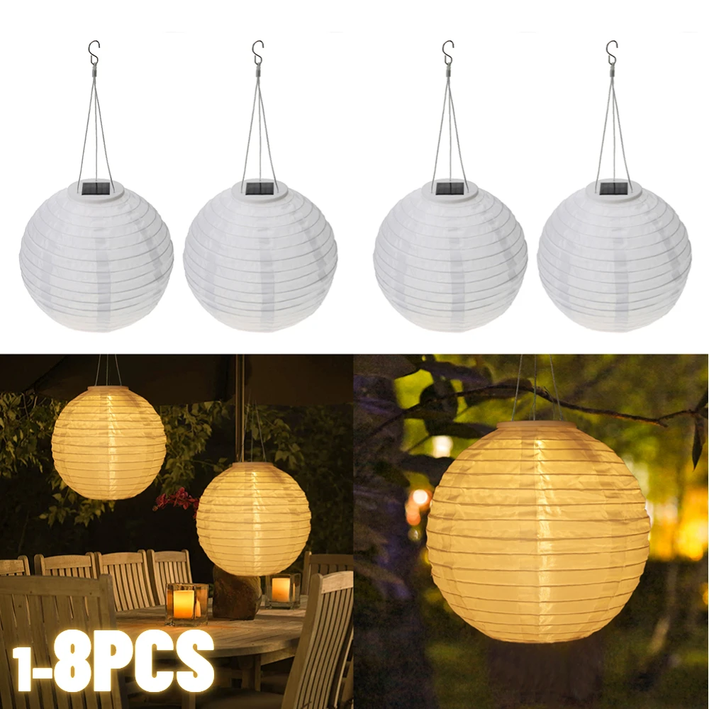 

12 Inch Solar Lantern Chinese Round Lanterns Outdoor Waterproof Nylon Hanging Lamp Garden Decoration Landscape Lighting
