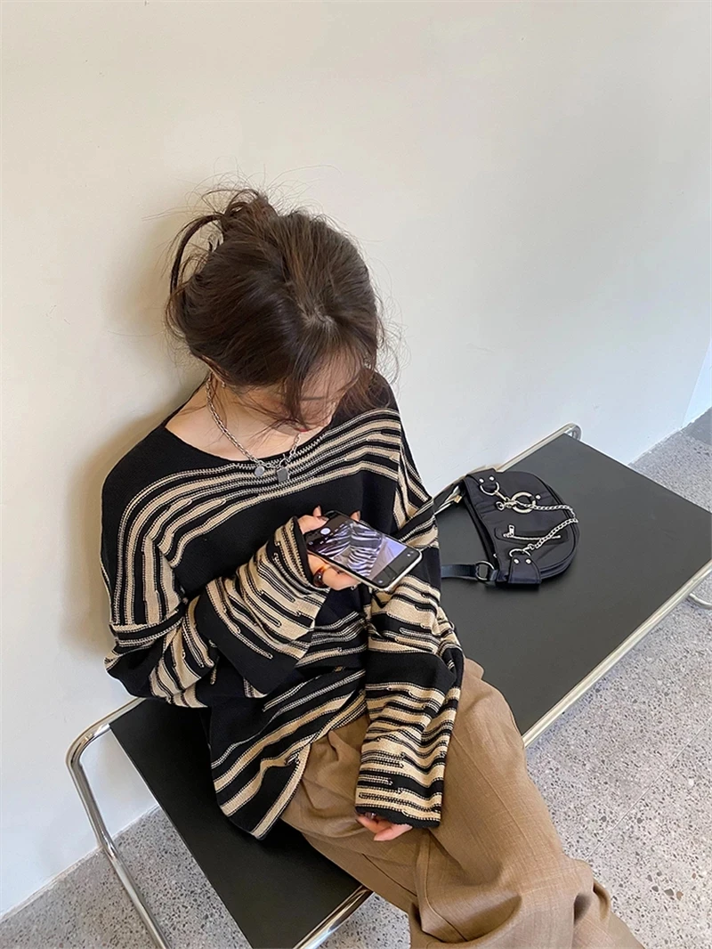 НОВЫЕ женские вязаные джемперы в стиле панк готика полосатый свободный