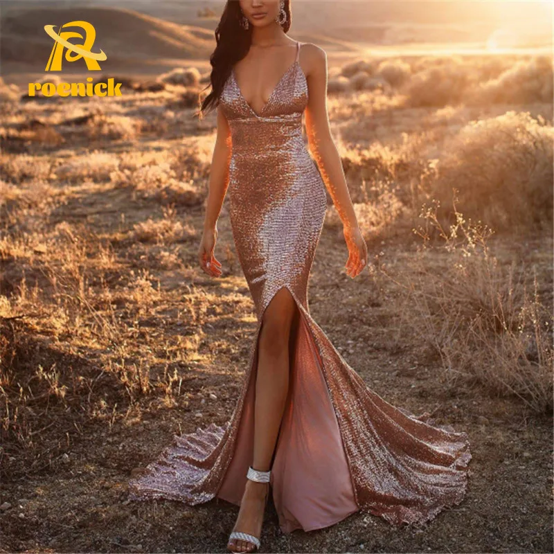 

ROENICK Women Sexy Spaghetti Strap Evening Dress Sequins Glitter Side Split Prom Maxi Vestidos Floor-length Party Bodycorn Gown