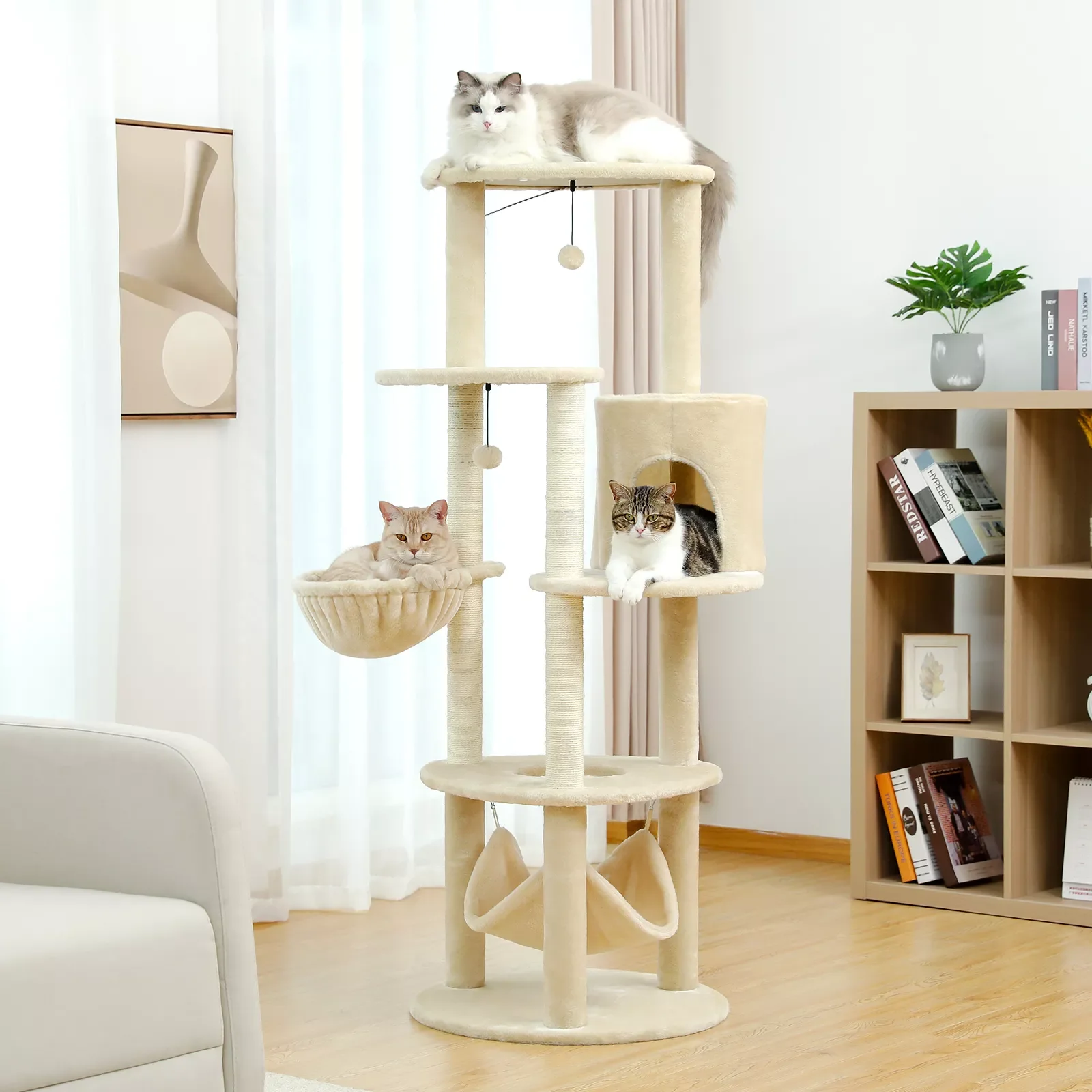 NEW Multi-Functional Cat Tree Tall Cat Tower for Indoor Cats with Cozy Hammock Scratching Post and Soft Condo for Medium and Kit