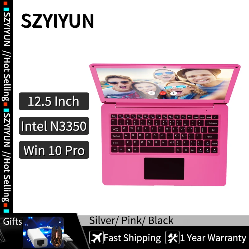 12.5 Inch Pink Laptop Intel Celeron N3350 Notebook PC 4GB RAM + 64GB SSD Ultrabook Windows 10 64-Bit Small Portable Mini Netbook