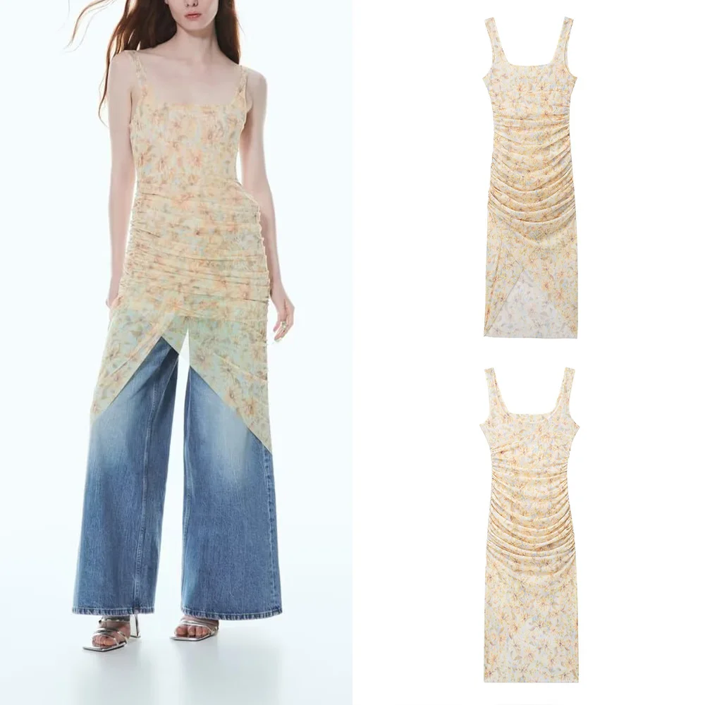 

Женское платье с квадратным вырезом PB & ZA, приталенное Плиссированное Шелковое Платье с лямкой на шее, новинка весны-лета 5039382