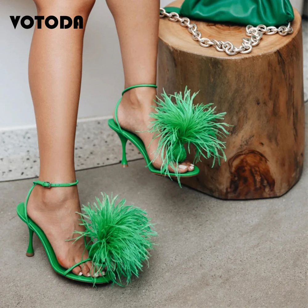 

New Women Ostrich Feather Sexy Thin High Heels Designer Brand Woman Catwalk Model Pumps Fashion Show Female Open Toe High Sandal