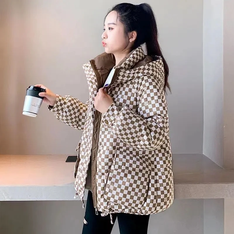 Parkas Women 2022 Winter New Fashion Slim All-match Checkerboard Padded Coat Female Hooded Loose Short Thick Down Cotton Jacket