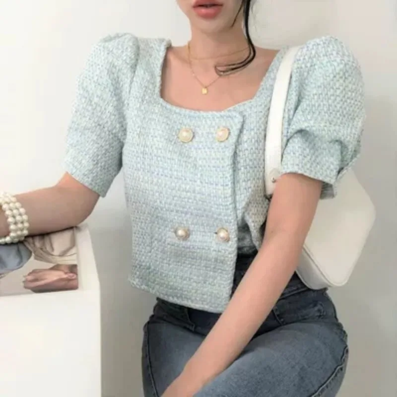 

Temperament Square Neck Puff Short Sleeve Double Breasted Crop Tops Blue Tweed Shirt Women 2022 Summer Cardigan Jacket Fashion