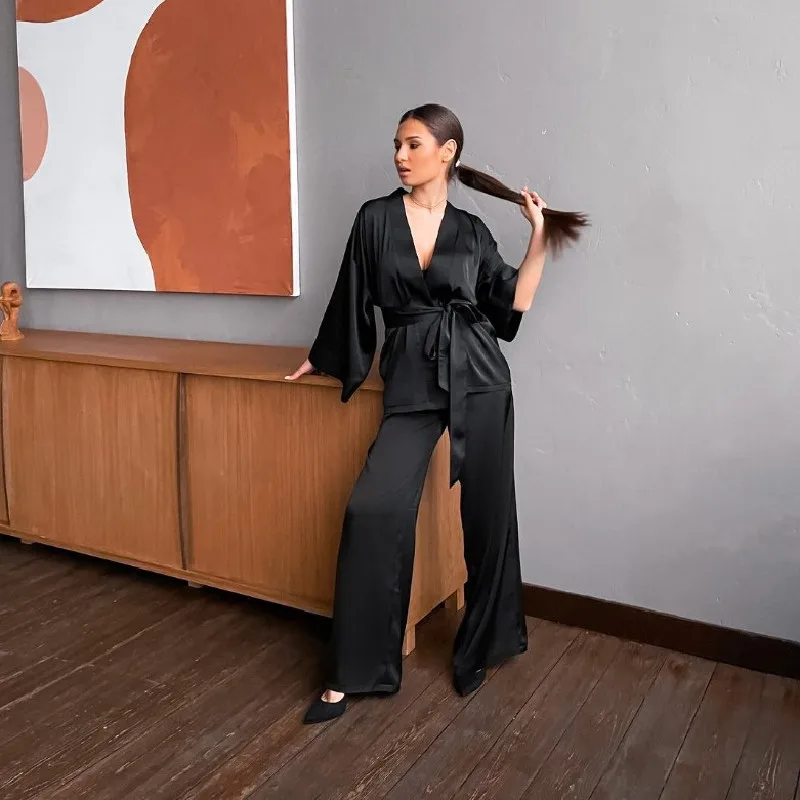 Autumn Long Sleeve Kimono Robe &Trousers Set  Women's  Solid Satin Silk With Sashes Pajama Suit Sleepwear Cardigan Big Size