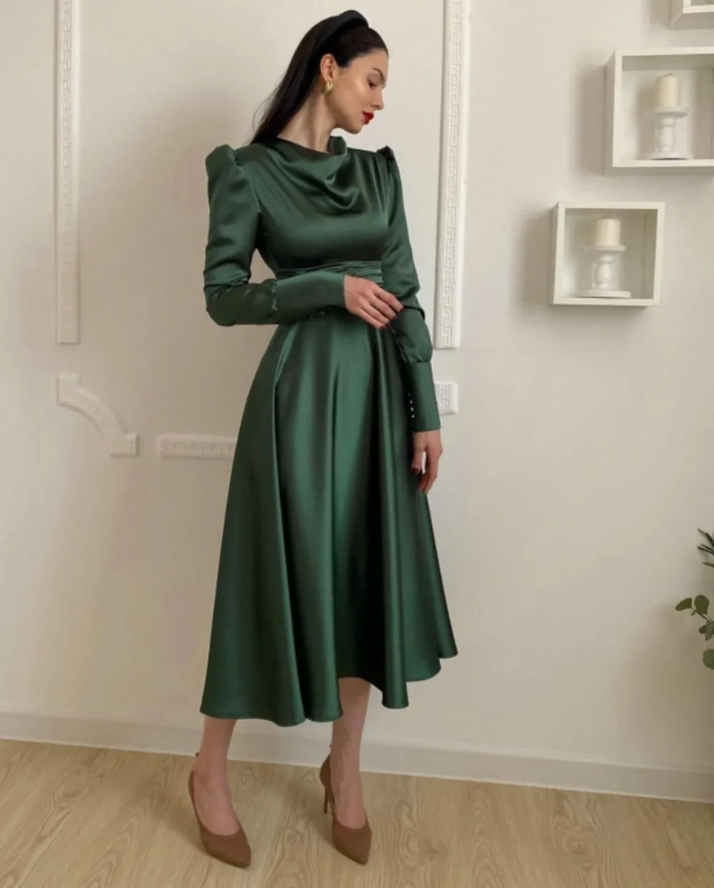 

Merida Prom Dresses 2023 Long Sleeves Cowl Neck Satin Empire A-Line Tea-Length Saudi Arabia Elegant Evening Dress Party Gown