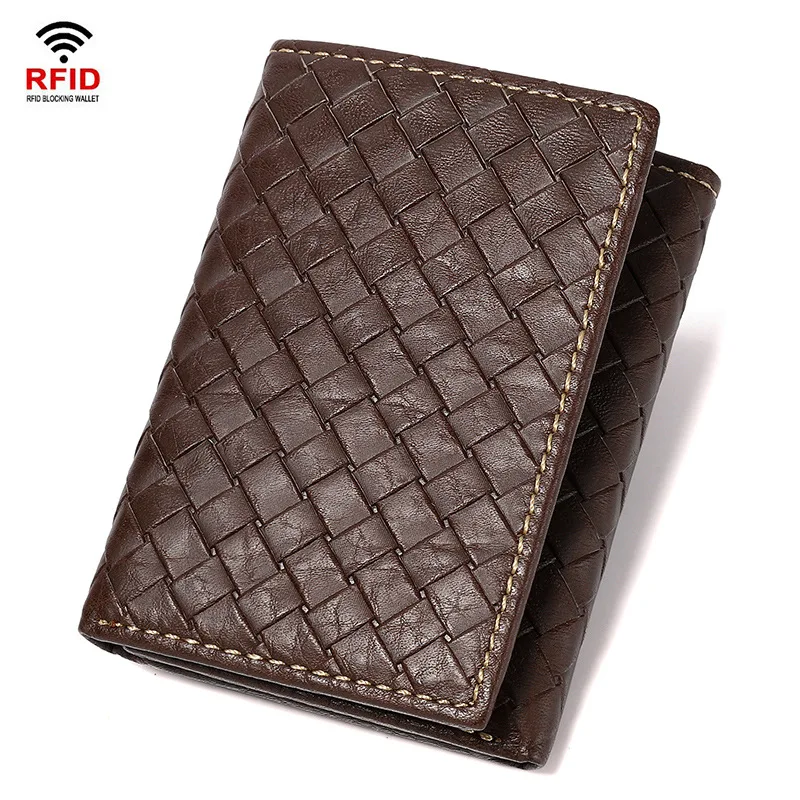 Three Fold Men's Genuine Leather Wallet Vertical Card Holder Business RFID Anti-theft Brush Head Layer Cowhide Wallet
