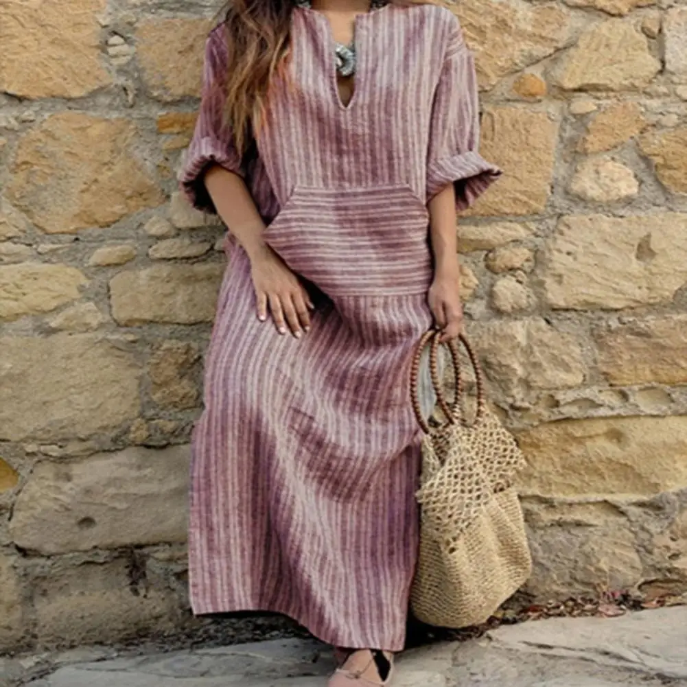 

Women Maxi Dress V-neck Long Sleeve Pullover Lady Dress Vertical Striped Print Front Pocket Loose Long Dress Streetwear