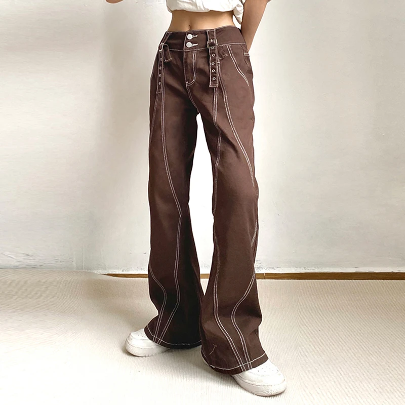 

Autumn Women High Waist Jeans Vintage Fashion Metal Button Wide Leg Trumpet Pants High Street Baggy Mopping Denim Trouser