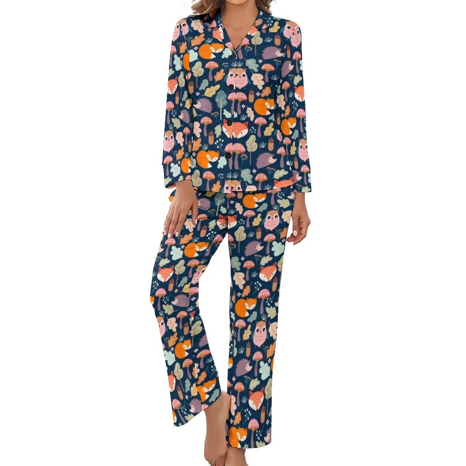 

Funny Fox Pajamas Female Cute Fall Print Romantic Nightwear Spring Long-Sleeve Two Piece Night V Neck Printed Pajama Sets