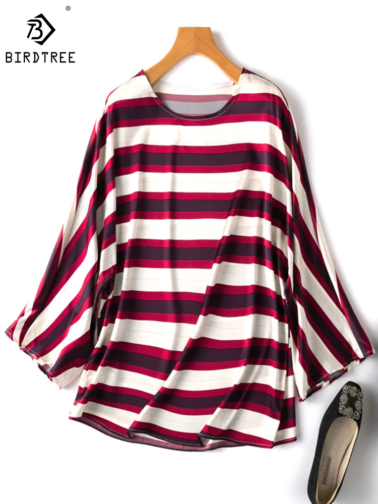 

Birdtree 22MM 93%Mulberry Silk Stretch-Satin T-Shirt Round Neck Bat Sleeves Loose Stripes Silky Cropped Sleeve Top T38622QD