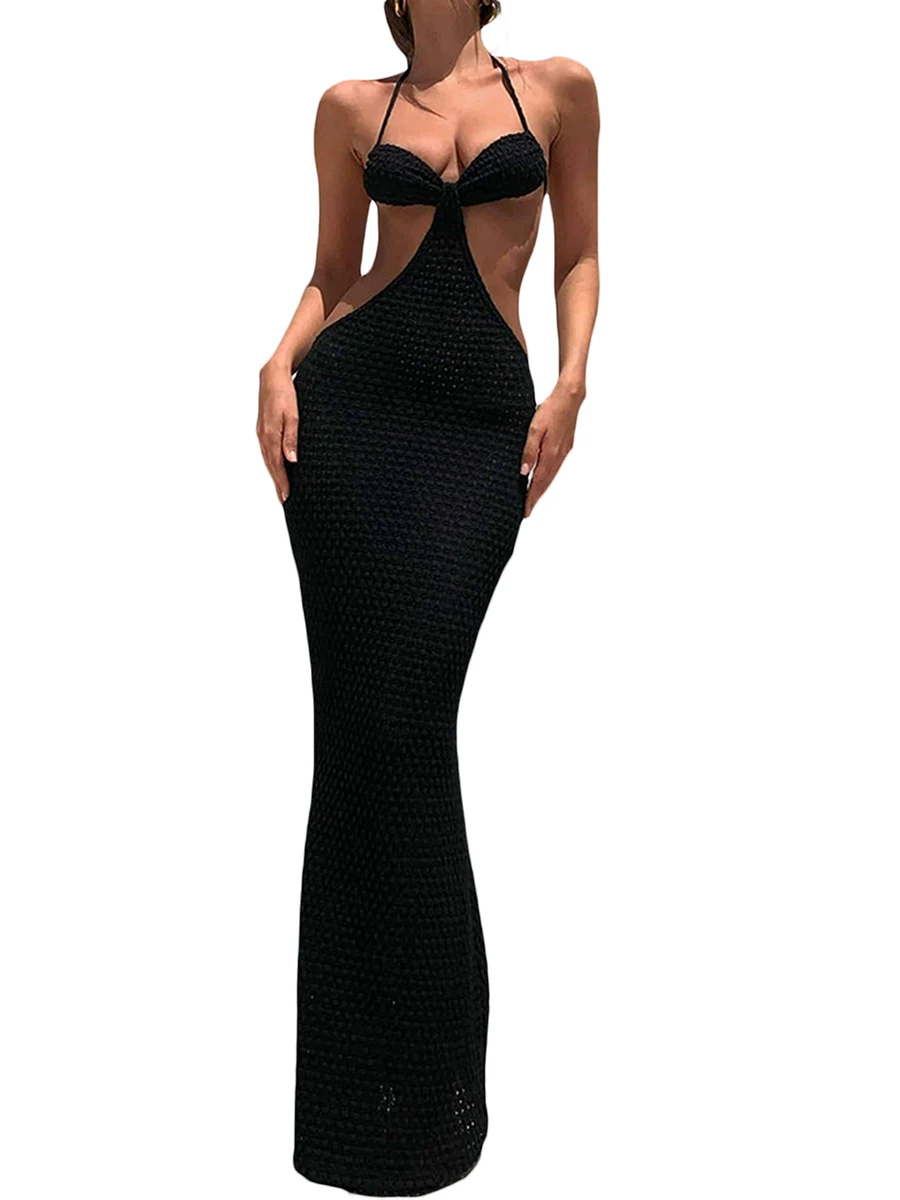 

Winkinlin Womens Halter Neck Cutout Long Dress Backless Bodycon Dress V Neck Summer Beach Sundress Casual Vintage Party Dress