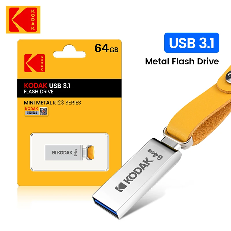 10Pcs KODAK K123 Metal pen drive USB3.0 16GB 32GB 64GB 128GB USB3.1 USB Flash Drive Mini memoria usb leather landyard