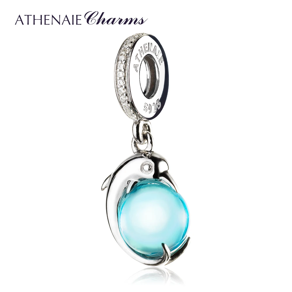 

ATHENAIE 925 Sterling Silver Playful Dolphin Sky Blue CZ Ball Pendant Drops Charms Fit Bracelets & Bangle Women DIY