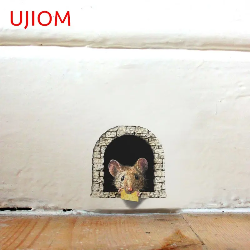 UJIOM Cute Mouse Hole Room Home Decoration Wall Stickers Anime Waterproof Kid Bedroom Kitchen Decor Decals Assessoires